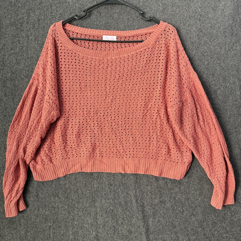 Womens Large Terracotta Coral‎ Open Knit Cropped Sweater Lightweight boho beach